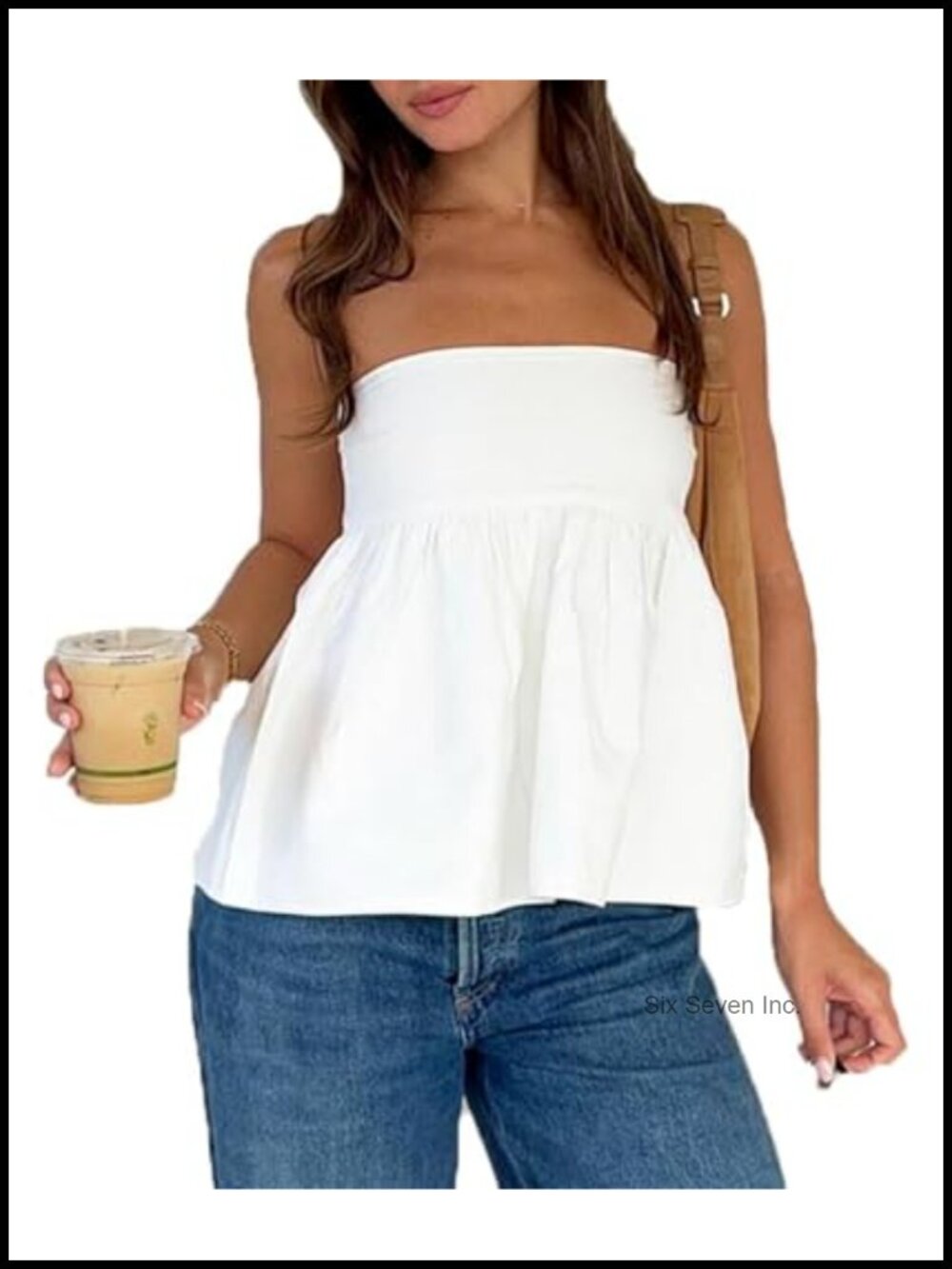 Cotton Blend Strapless Ruched Flared Hem Bandeau Tube Top
